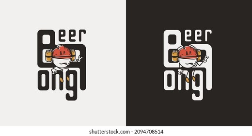 Beer pong game. T-shirt print with beer flying ball man for design competition or tournament in bar. Alcohol sport with throw and drink. College challenge with booze