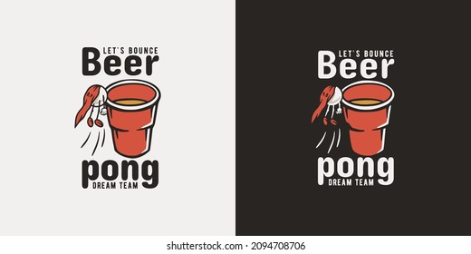 Beer pong game. T-shirt print with beer flying ball man for design competition or tournament in bar. Alcohol sport with throw and drink. College challenge with booze