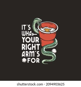 Beer pong game. T-shirt print with beer cup and snake for design competition or tournament in bar. Alcohol sport with throw and drink. College challenge with booze