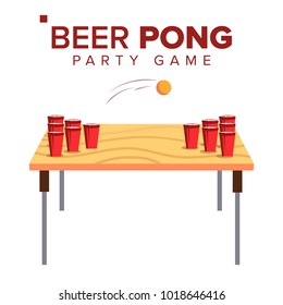 Beer Pong Game Vector. Alcohol Party Game. Red Cups And Ping Pong Ball. Isolated Flat Illustration
