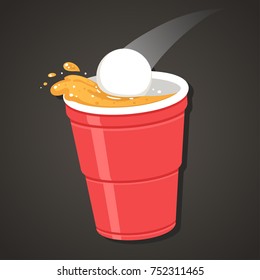 Beer Pong Illustration. Ping Pong Ball Falling In Red Plastic Cup With Splashing Beer. Classic Party Drinking Game Clip Art.