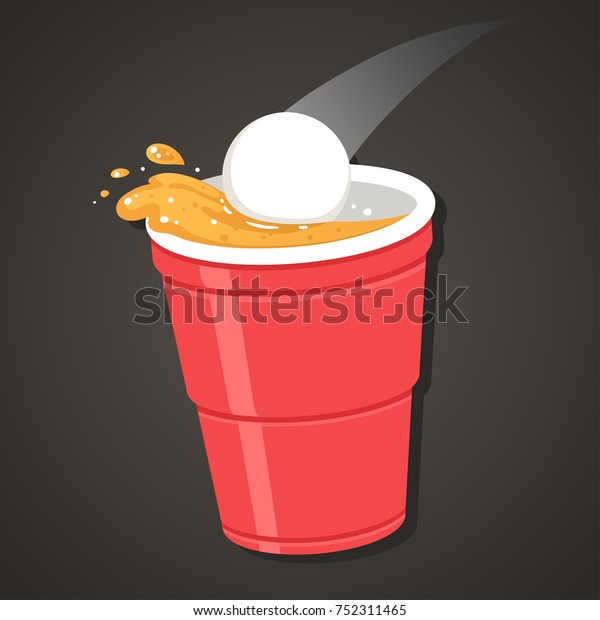 Beer pong illustration. Ping pong ball falling in\
red plastic cup with splashing beer. Classic party drinking game\
clip art.