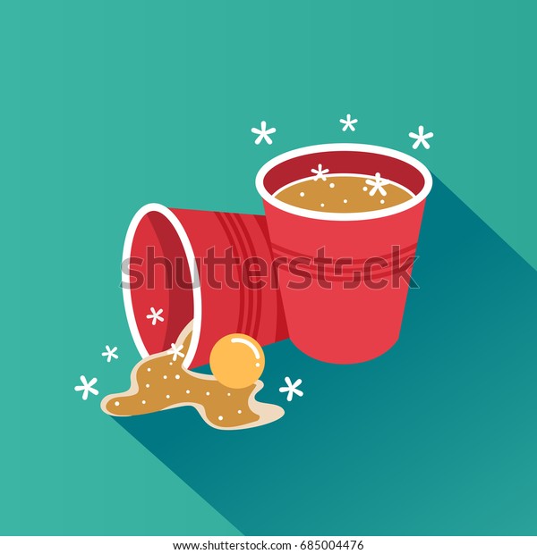 Beer pong\
illustration showing beer and a ping pong ball spilling out from a\
red party cup after being knocked\
down