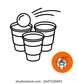 Beer pong line icon with three plastic cups and flying ping pong ball. Leisure and entertainment challenge game symbol. Editable stroke.