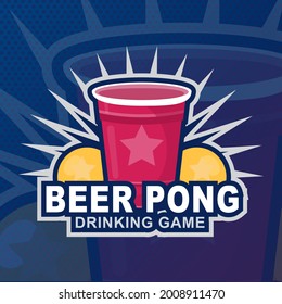 Beer pong party logo or game label. Moder Vector illustration for funny tournament