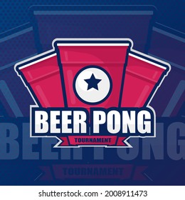 Beer pong party logo or game label. Moder Vector illustration for funny tournament