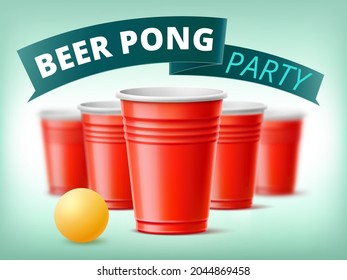 Bierpong-Party-Poster. Realistische Plastikbecher und