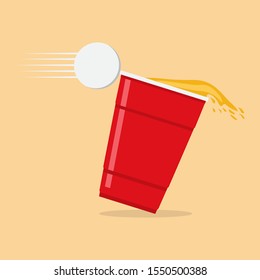 Beer Pong poster or banner with red plastic cup and ball. Traditional drinking game vector illustration.