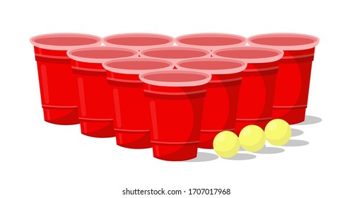 Beer Pong poster or banner with red plastic cup and ball. Traditional drinking game vector illustration.Beer pong party.Beer pong tournament vector poster.