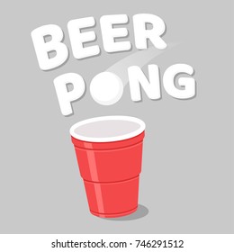 Beer Pong Poster Or Banner With Red Plastic Cup And Ball. Traditional Drinking Game Vector Illustration.