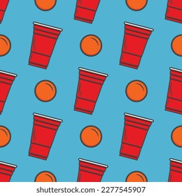 Beer pong seamless pattern. Red plastic cups on blue background. Famous american party drinking game. Vector background.