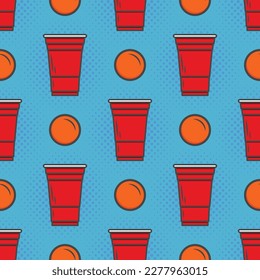 Beer pong seamless pattern. Red plastic cups on blue background. Famous american party drinking game. Vector background.