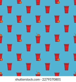 Beer pong seamless pattern. Red plastic cups on blue background. Famous american party drinking game. Vector background.