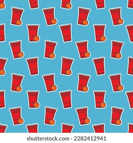 Beer pong seamless pattern. Red plastic cups on blue background. Famous american party drinking game. Vector background.