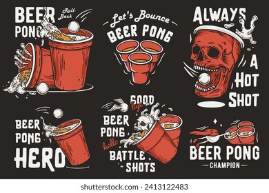 Beer pong set with cup skull or skull mug with splash foam. Alcohol or drink game sport with skeleton and balls for shirt print