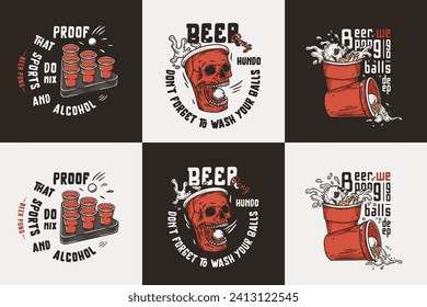 Beer pong set with cup skull or skull mug with splash foam. Alcohol or drink game sport with skeleton and balls for shirt print