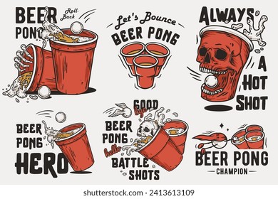 Beer pong set with cup skull or skull mug with splash foam. Alcohol or drink game sport with skeleton and balls for shirt print