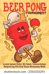 beer pong tournament poster. beer glass mascot with ping pong bat. vector illustration poster template