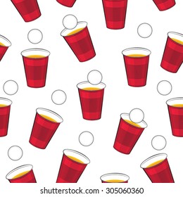 Beer pong vector pattern. Red plastic cups and ping pong ball isolated seamless texture.