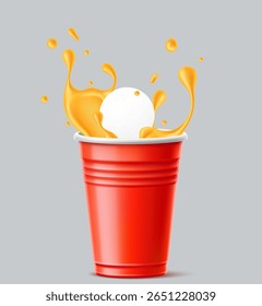 Beer pong white ball drops into red plastic cup. College party game. Liquid splash. Booze challenge. Alcohol drink glass. Fun competition. Pub play throw. Bar tournament. Vector 3D object