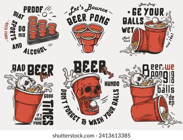 Beer pong wih craft mug with foam and ball. Beer game with skull and skeleton hand for drink party or sport alcohol bar