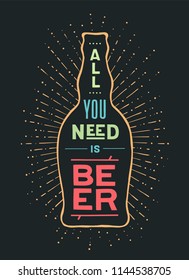 Beer. Poster or banner with beer bottle, text To Beer Or Not To Beer and vintage sun rays sunburst. Colorful graphic design for print, web. Poster for bar, pub, restaurant. Vector Illustration