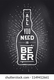 Beer. Poster or banner with beer bottle, text To Beer Or Not To Beer and vintage sun rays sunburst. Chalk white black design on chalkboard. Poster for bar, pub, restaurant. Vector Illustration