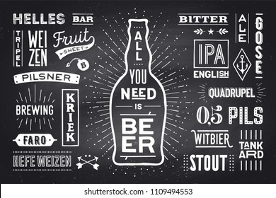 Beer. Poster or banner with text All You Need Is Beer and names types of beer. Colorful graphic design for print, web or advertising. Poster for bar, pub, restaurant, beer theme. Vector Illustration