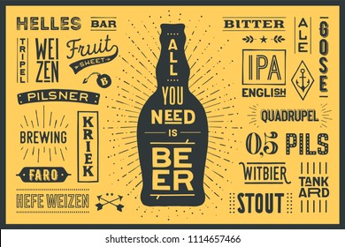 Beer. Poster or banner with text All You Need Is Beer and names types of beer. Colorful graphic design for print, web or advertising. Poster for bar, pub, restaurant, beer theme. Vector Illustration