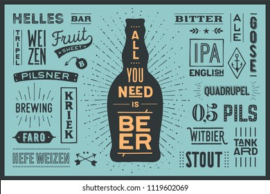 Cerveza. Cartel o cartel con texto Todo lo que necesitas es cerveza y nombres tipos de cerveza. Diseño gráfico colorido para impresión, web o publicidad. Cartel para el bar, pub, restaurante, tema de la cerveza. Ilustración vectorial