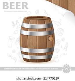 Beer Poster with Barrel of Beer, Sheet of White Paper and Hand Drawing Icon, vector isolated on white background