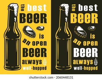 Beer poster with bottle of beer for bar. Bar poster with advertising quote of craft beer for design of pab or brewery