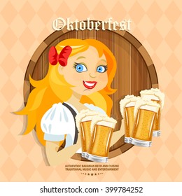 Beer poster. Girl holds beer mugs with foam. Oktoberfest - Text in German. 