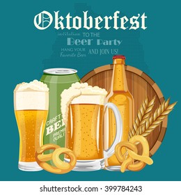Beer poster. Beer mugs with foam, bottle, wheet, leaves. Oktoberfest - Text in German. 