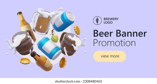 Beer poster on bright purple background. Illustration to attract attention. Banner for horizontal part of web page. Mix of realistic elements, stop motion