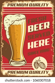 Beer poster on grunge background with glass of beer and creative typography. Colorful vector sign template.