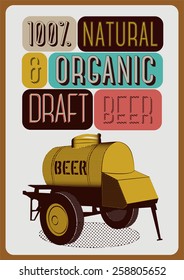 Beer poster in retro style with an iron barrel of beer on wheels. Vector illustration. 