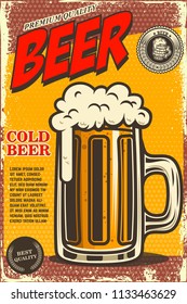 Beer poster in retro style. Beer objects on grunge background. Design element for card, flyer, banner, print, menu. Vector illustration