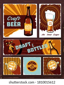 Cartel de cerveza. Colección de diseño de afiches para bebidas alcohólicas aisladas. Pancarta de pub de época con cerveza en botella, vidrio, taza, barril. Dibujo artesanal y etiqueta de cerveza embotellada ilustración vectorial