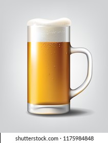 Beer Poster template for classic white beer ad package design. Vector glass cup with beer 3d illustration