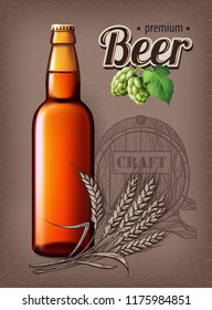 Beer Poster template for classic white beer ad package design. Vector glass bottle with beer 3d illustration