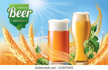 Beer Poster template for classic white beer ad package design. Vector glass cup with beer 3d illustration