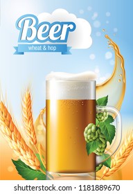Beer Poster template for classic white beer ad package design. Vector glass cup with beer 3d illustration