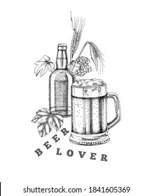 Plantilla de afiche de cerveza con ramas extraídas a mano, botellas, trigo y lúpulo. Ilustración del vector