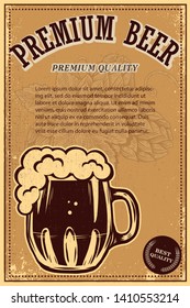 Beer poster template with mug and beer hop. Design element for poster, t shirt, emblem, sign, label. Vector illustration 