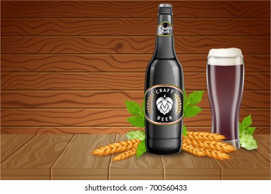 Beer poster template with realistic dark beer bottle, glass beaker, malt and hops on wood background. Vector ads illustration