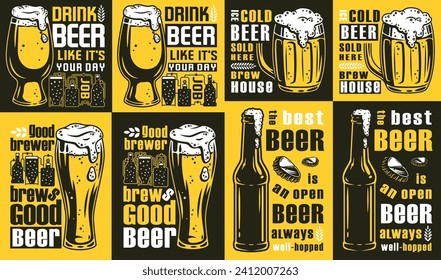 Beer posters with glass of beer for bar. Set of bar posters with advertising quote of craft beer for design of pab or brewery