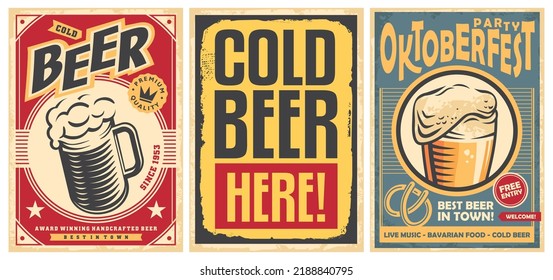 Beer posters set on old paper texture, perfect advertisements or wall decorations for pub, cafe bar or Oktoberfest event. Alcoholic drinks vintage vector flyers.