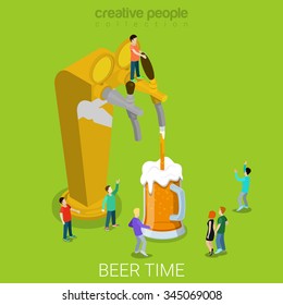Beer pour machine flat 3d isometry isometric concept web vector illustration. Micro people pouring beer into glass. Creative people collection.