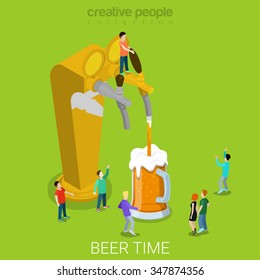 Beer Pour Machine Flat 3d Isometry Isometric Concept Web Vector Illustration. Micro People Pouring Beer Into Glass. Creative People Collection.